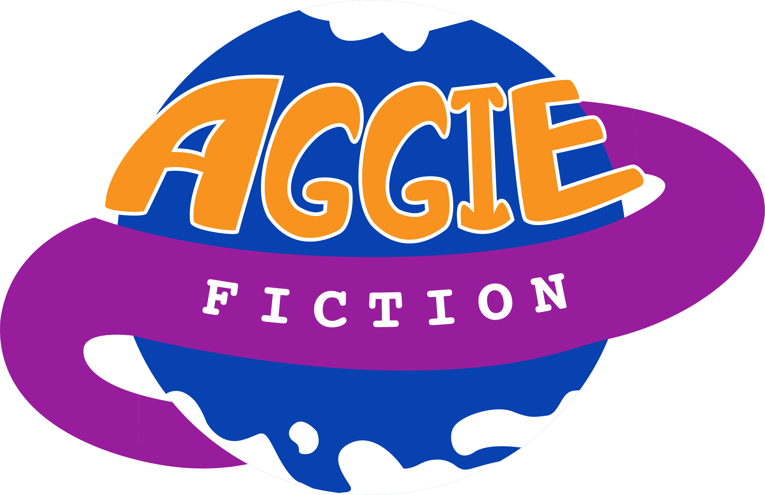 Aggie Fiction Logo of a blue planet width a purlple ribbon around it